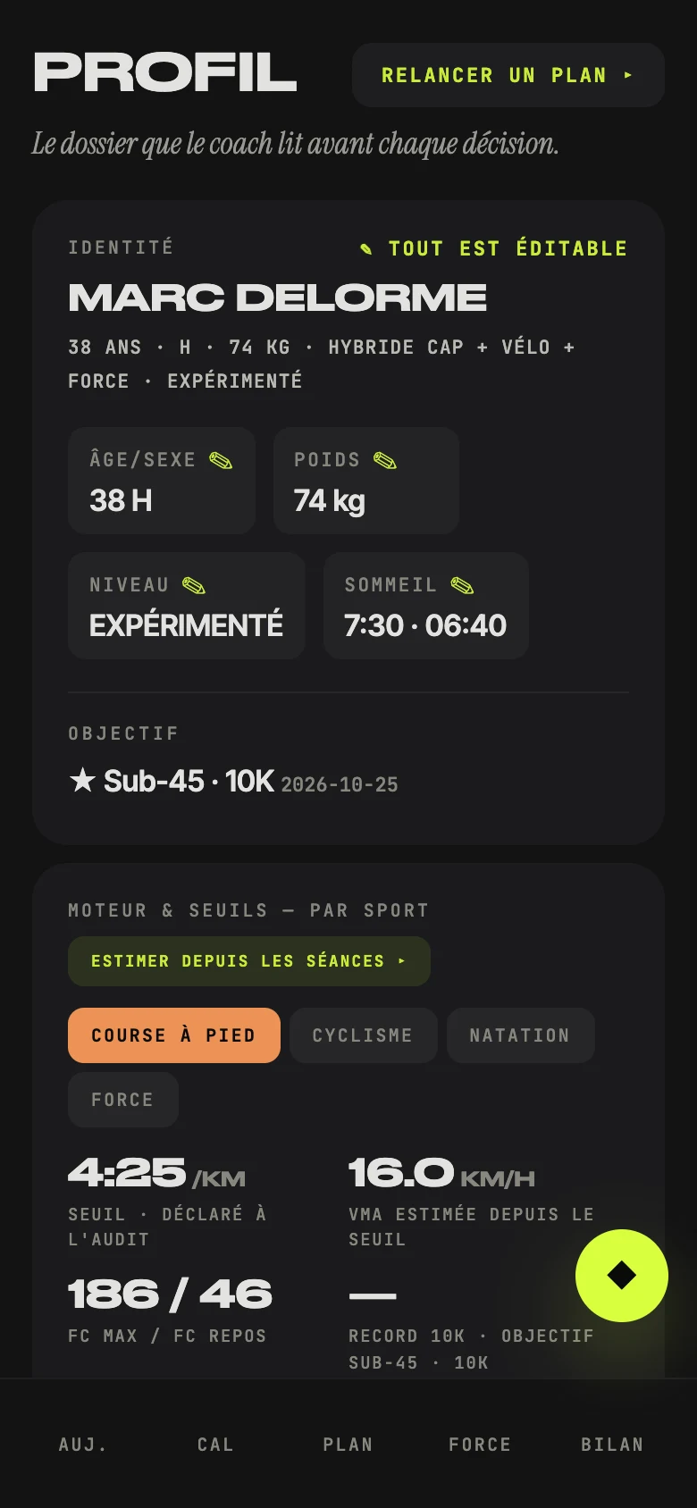Le profil, seuils par sport et objectif, tout éditable